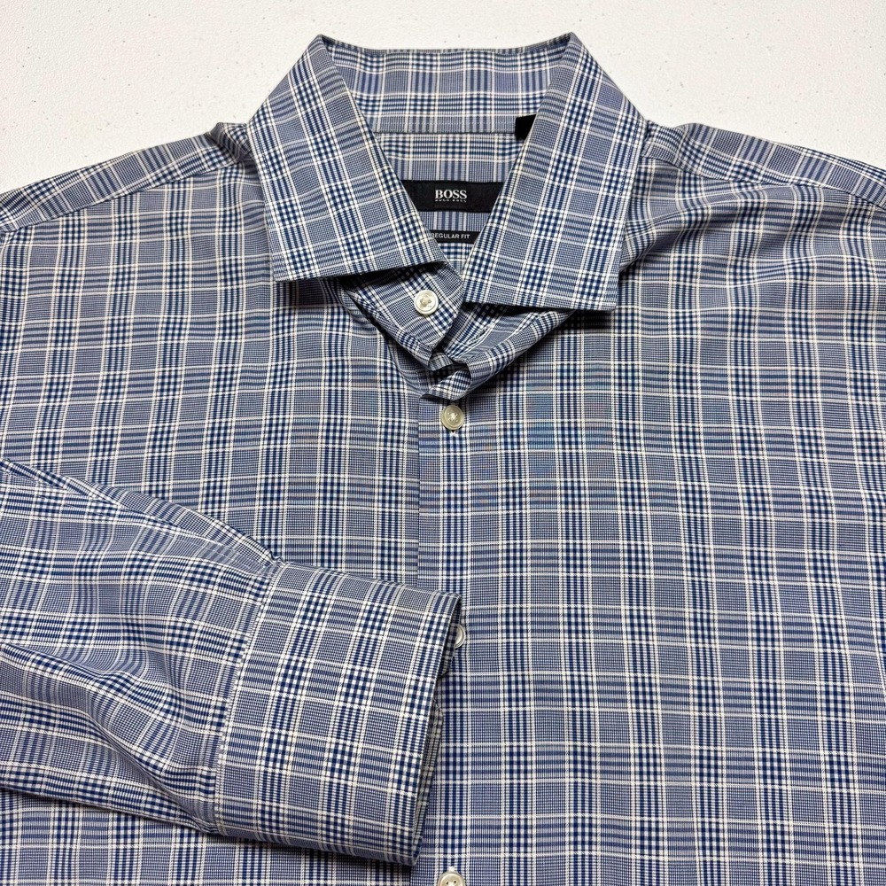 BOSS Hugo Boss Dress Shirt Mens 17 36/37 Plaid Regular Fit Blue Long Sleeve‎